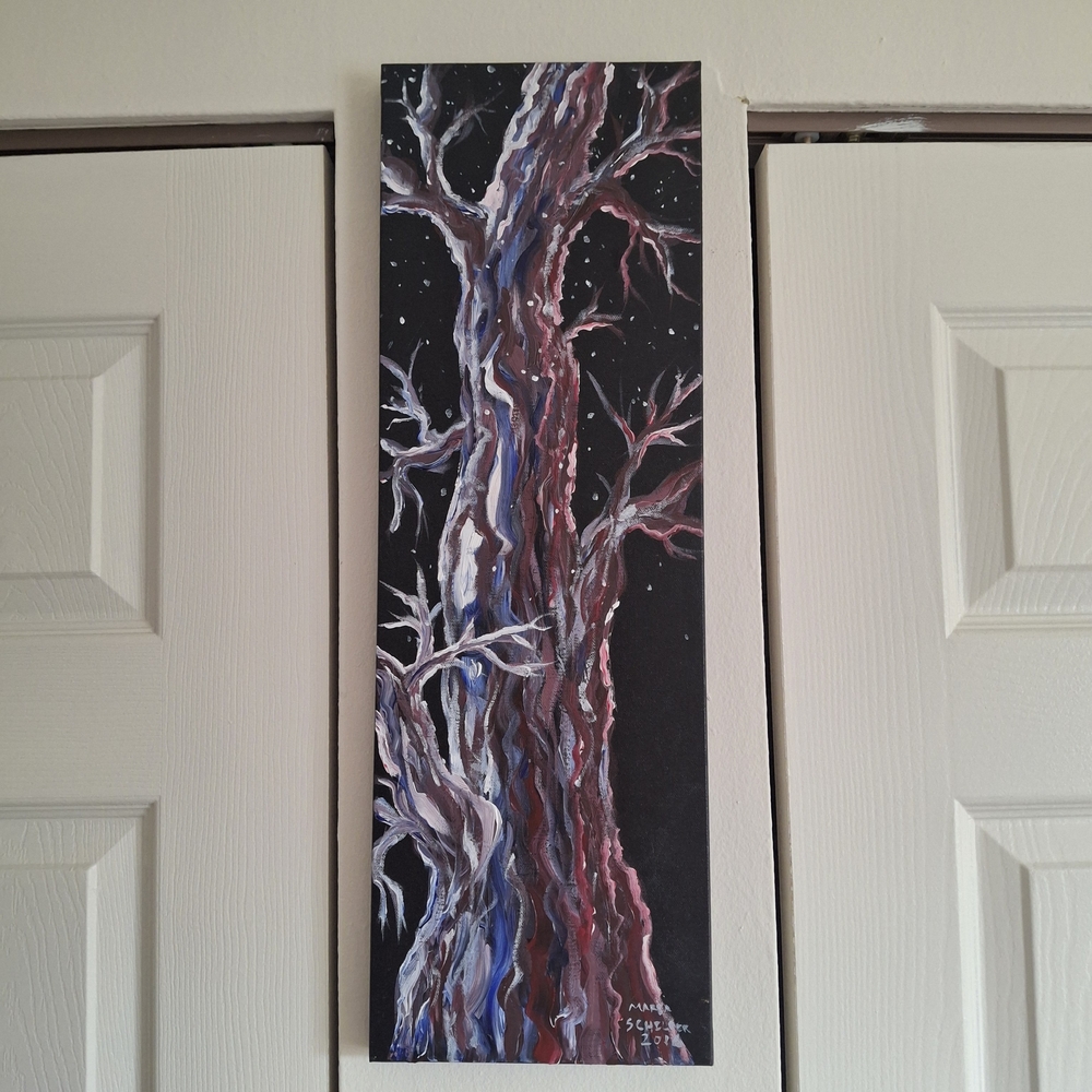 Origianl Art "Snowy Night" Acrylic On Canvas Tree Landscape Impressionist Style
